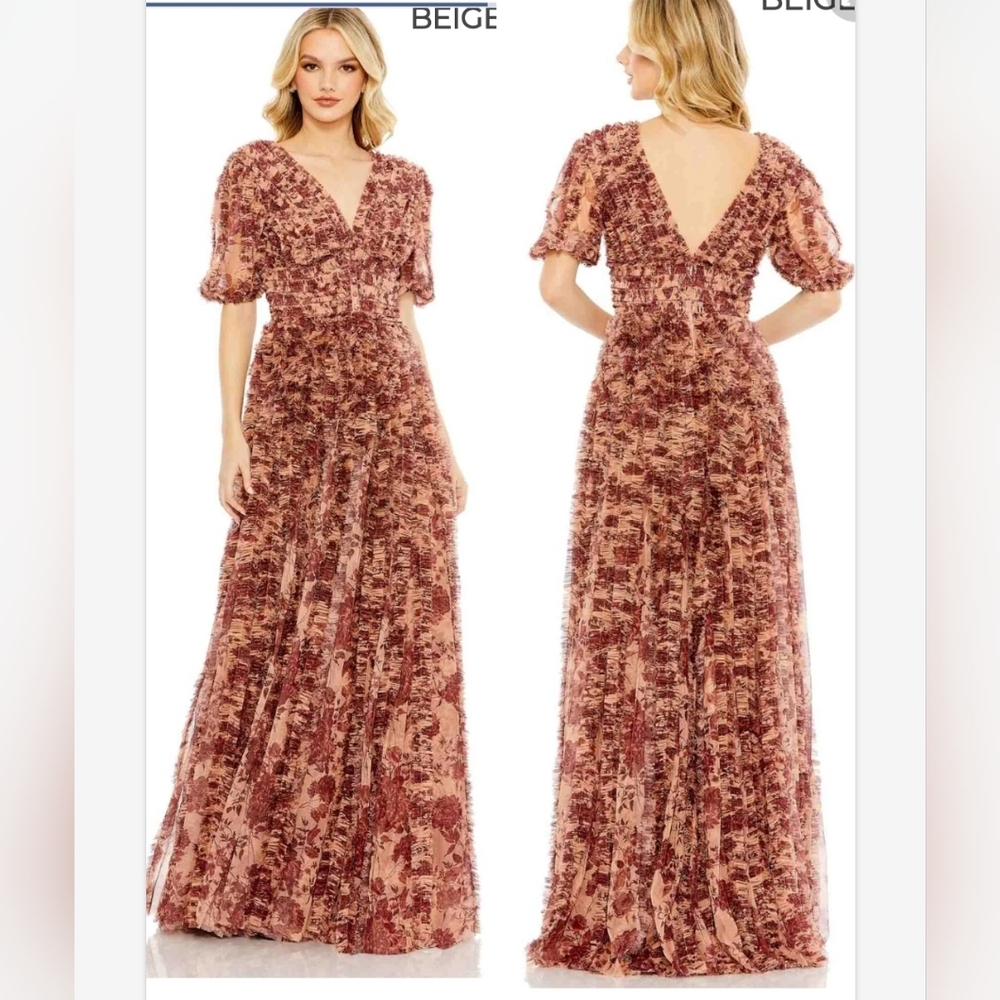 Mac Duggal A8013 - Floral Print Ruffled Evening Gown Beige Orange Sz 6 NWT